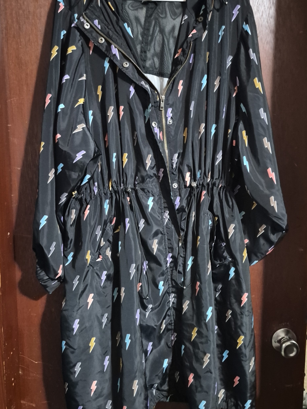 torrid Black Hooded Trench with Multicolor Lightning Bolts